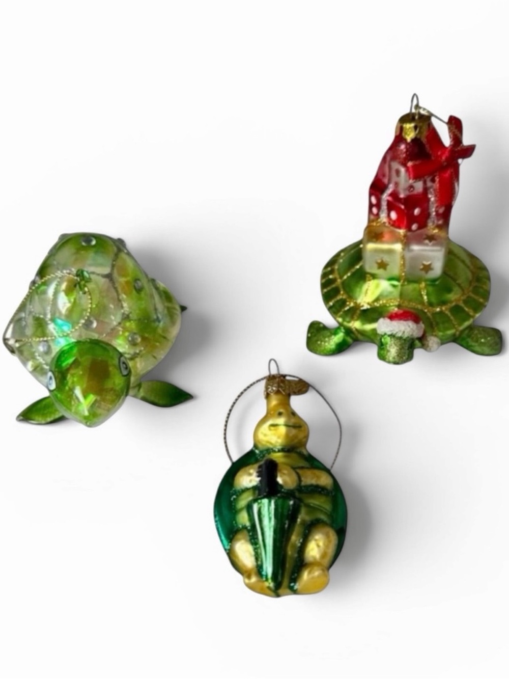 Set of 3 Whimsical Metallic Green Hand Blown Glass Turtle Holiday Ornaments